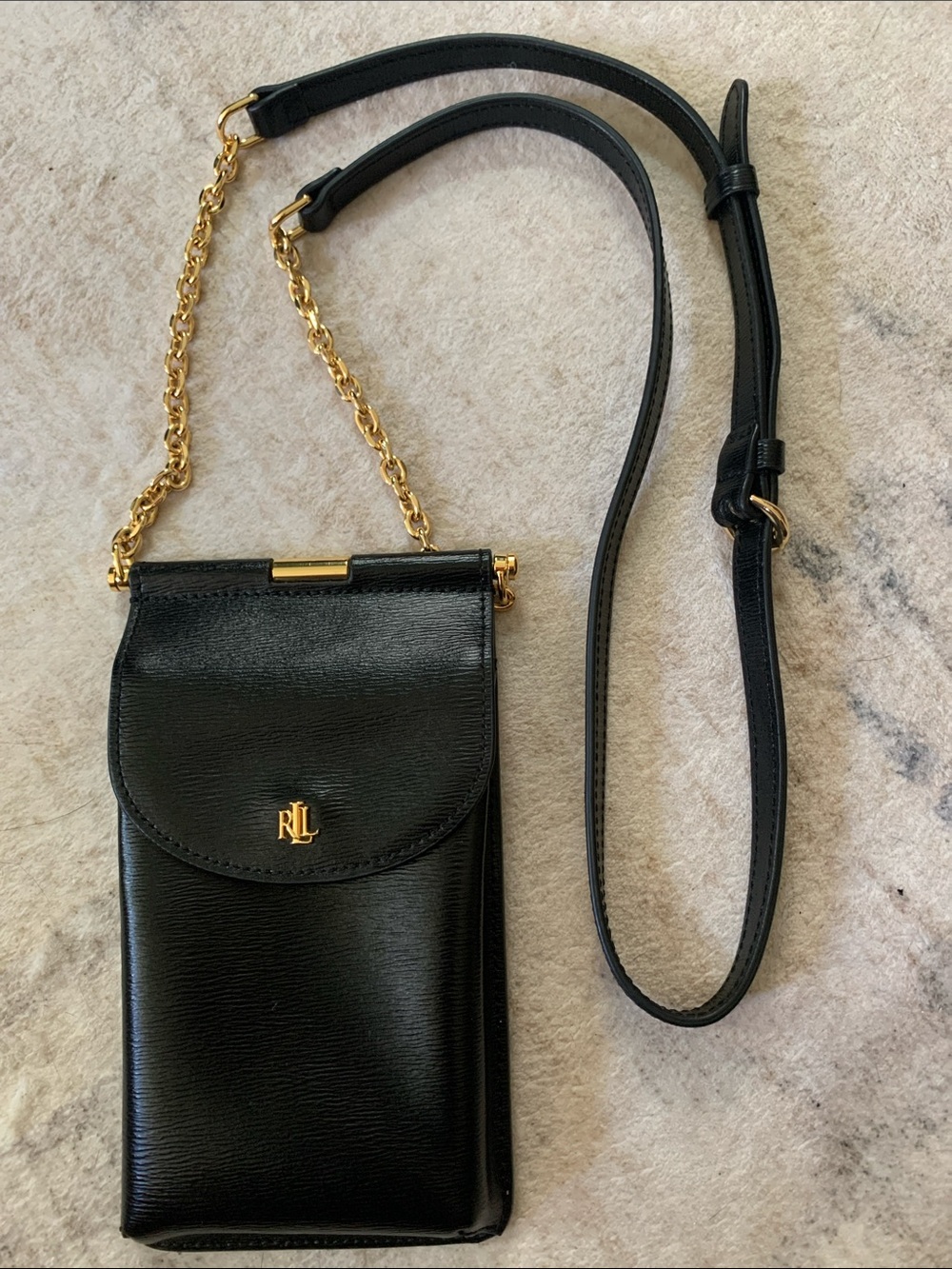 Lauren Ralph Lauren Black Leather Phone Crossbody with Gold Chain